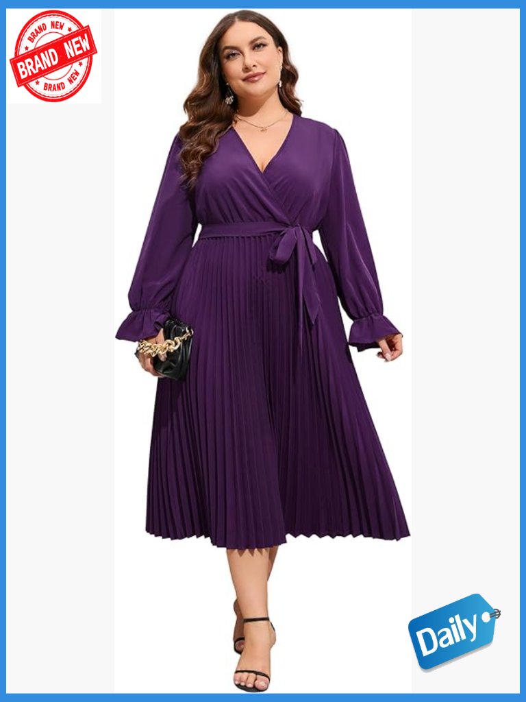 Plus Size A-Line Midi Dress With Faux Wrap And Ruffle Long Sleeves